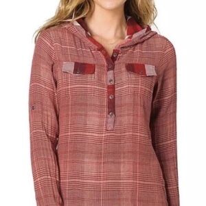 EUC Prana Red Plaid Button-Down Shirt with Hood